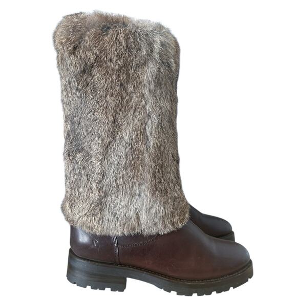 Frye Vintage Natalie Rabbit Fur Cuffed Burgundy Leather Boots 7.5 - Picture 11 of 12